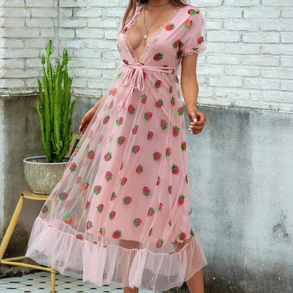 Pink Tulle Strawberry Sequin Midi Dress